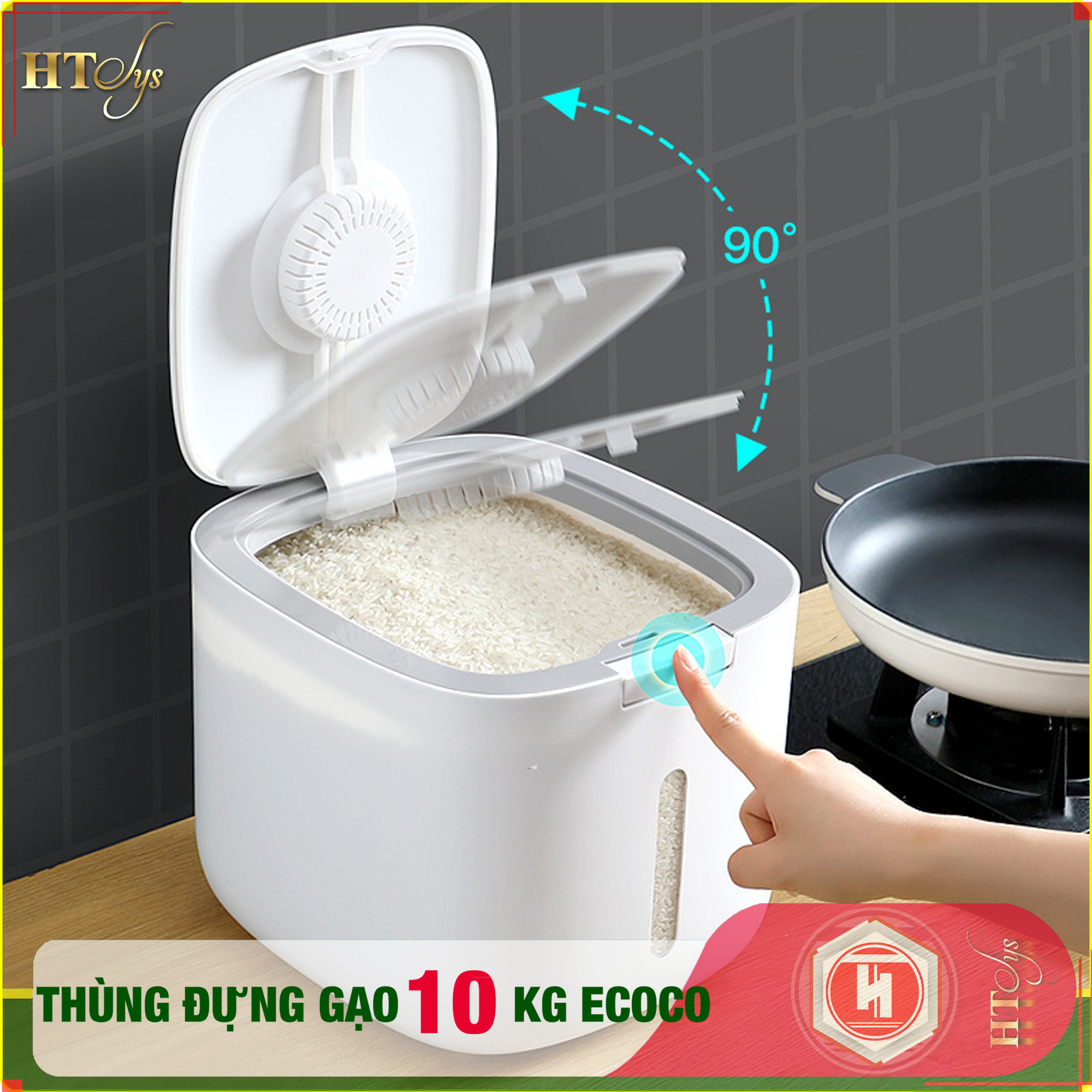 01 Thùng đựng gạo thông minh 10kg HT SYS -  ECOCO - E2005, thiết kế dạng nhấn nút, chất liệu ABS cao cấp + 01 Vỉ móc Vàng Tài Lộc + 04 Khăn lau siêu thấm