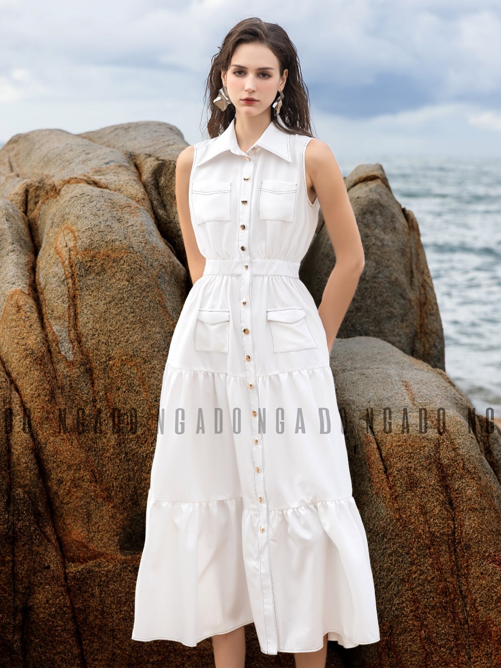 Đầm sơ mi trắng sát nách NGADO , đầm nữ , Đầm xòe vintage , Đầm dạo phố