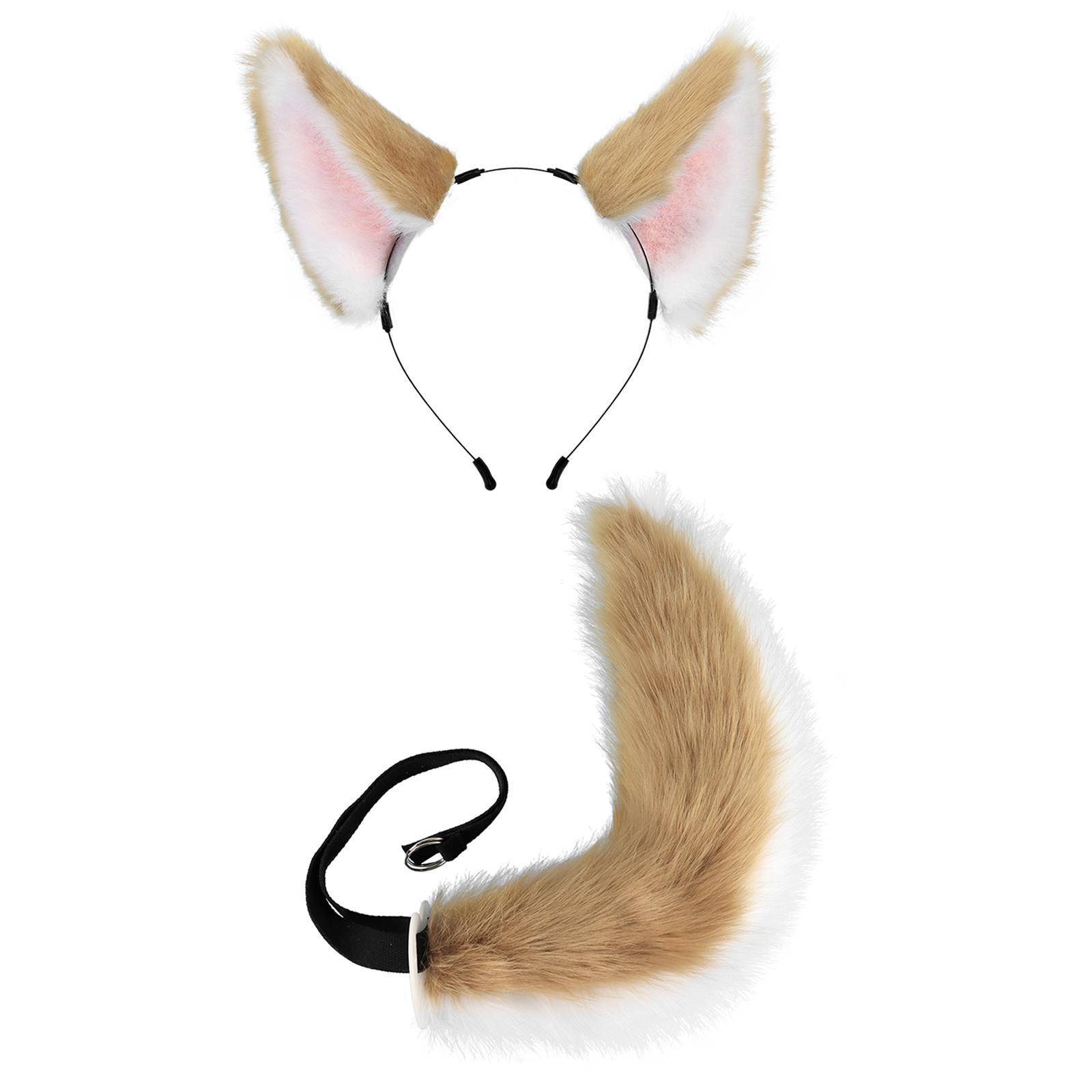 Ears and Long Tail Set Hair Hoop Cosplay Cat Ear Plush Wolf Ears Handmade Headdress Headwear for Performance Christmas Prom Party Adults