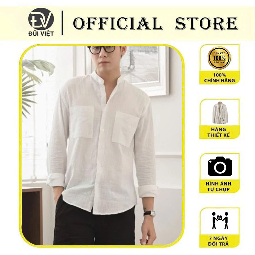 Áo sơ mi nam dài tay thiết kế cổ trụ 2 túi ngực kiểu dáng Hàn Quốc thanh lịch vải Linen thoáng mát MS06
