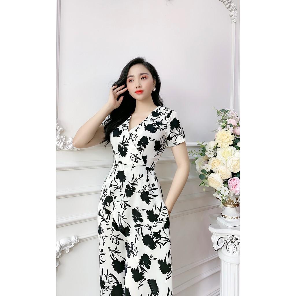 JUMPSUIT NỮ THIẾT KẾ VẠC XÉO CỔ V TAY CON - SJ847