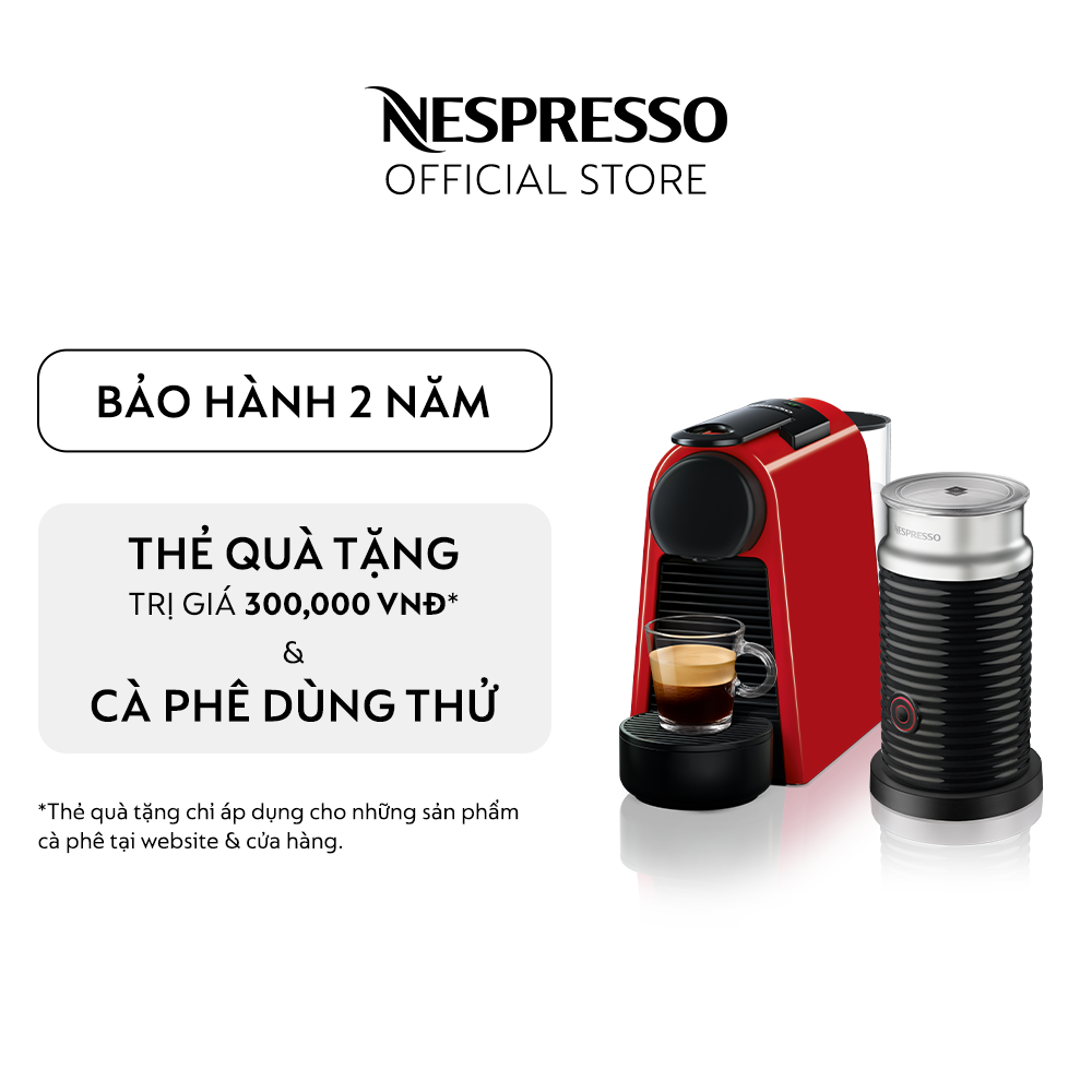 Bộ máy pha cà phê Nespresso Essenza Mini Đỏ &amp; máy đánh sữa Aeroccino 3 - Hàng chính hãng