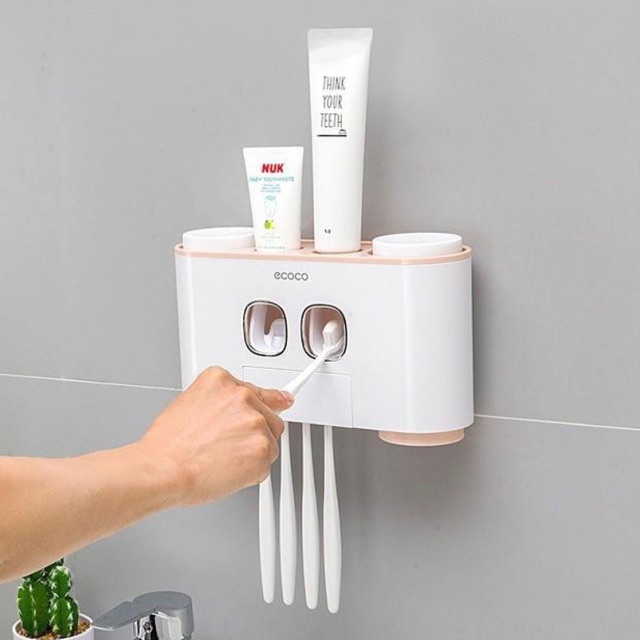 Kệ để và sắp xếp đồ nhà tắm treo tường kiêm 2 dụng cụ nhả kem đánh răng tự động cho người lớn, trẻ em Ecoco cao cấp ƯU ĐÃI LỚN HÔM NAY