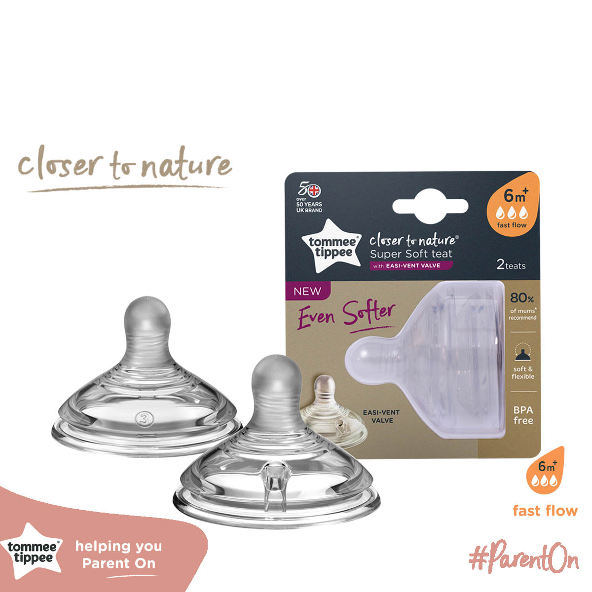 Núm Ty Silicon Siêu Mềm Tự Nhiên Cho Bé Tommee Tippee Natural Start Fast Flow Từ 6 Tháng (Vỉ đôi, tách lẻ)