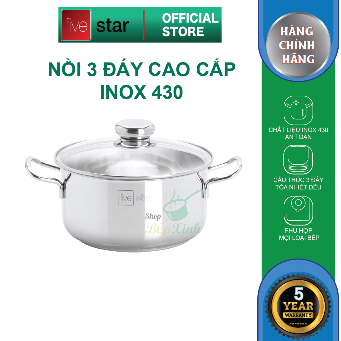 Bộ nồi chảo 3 đáy inox 430 cao cấp FiveStar Standard 2 món nắp kính tặng 1 vá canh