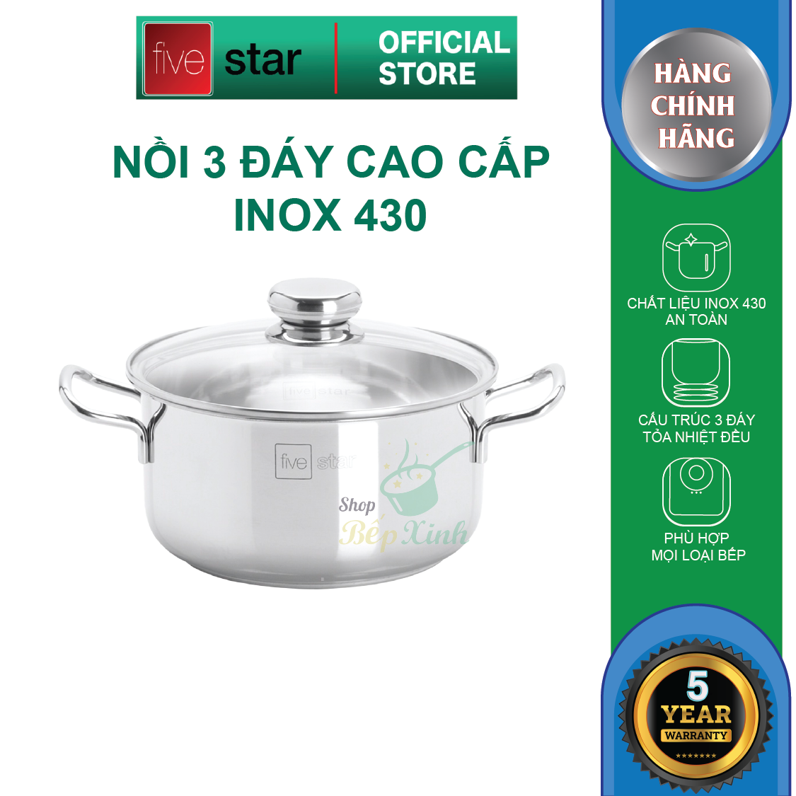 Bộ nồi chảo 3 đáy inox 430 cao cấp FiveStar Standard 2 món nắp kính tặng 1 vá canh ( 16cm /20cm /24cm )