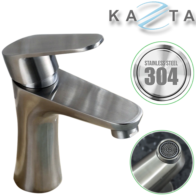 Vòi lavabo nóng lạnh Kazta KZ-E01 thân tròn inox 304 kèm 2 dây cấp nóng lạnh