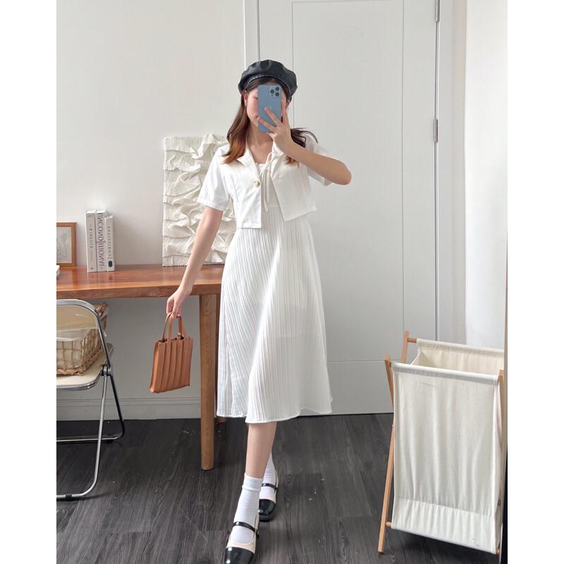 Set váy 2 dây nữ 1 màu nơ ngực, áo sơ mi cổ k lửng b238407