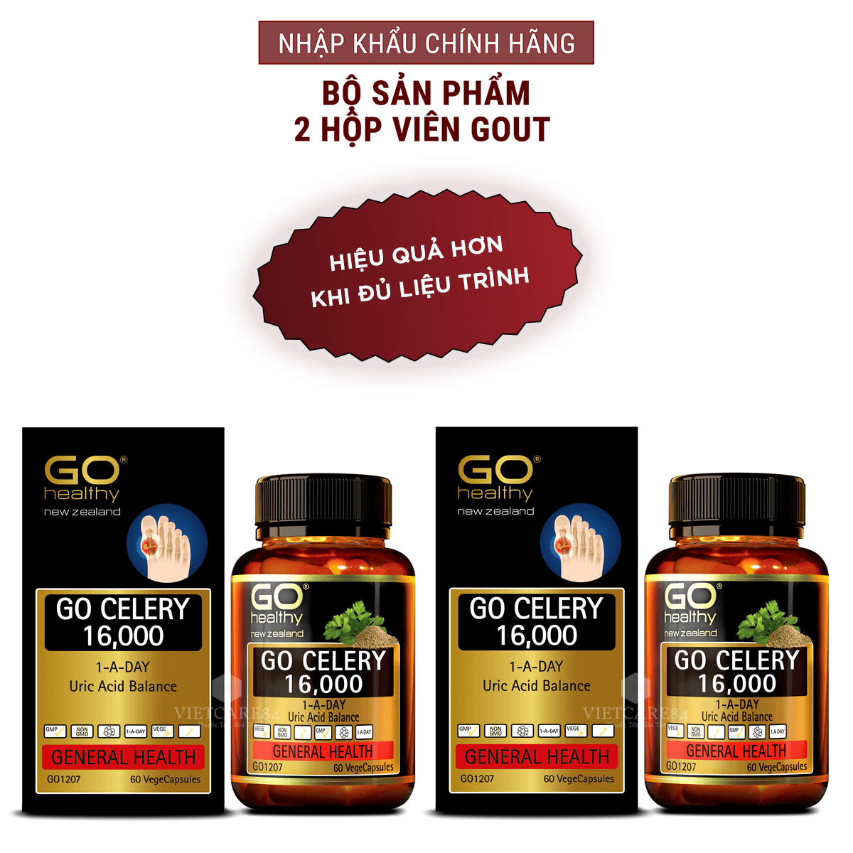 Bộ sản phẩm 2 hộp viên gout nhập khẩu chính hãng GO CELERY 16000mg (60 viên)  giúp giảm các triệu chứng bệnh gút: giảm uric acid, làm giảm triệu chứng sưng đau do gut