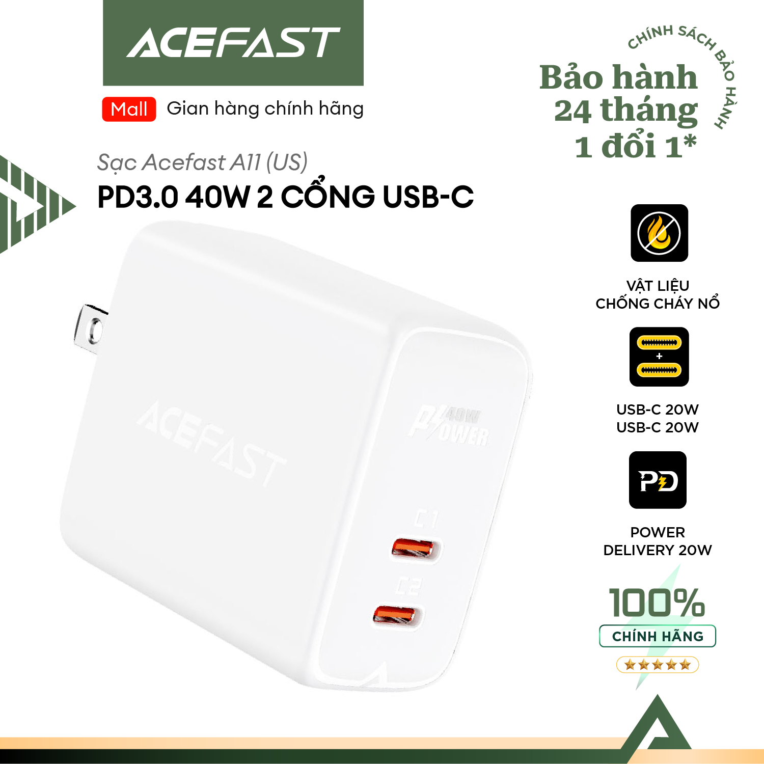 Sạc Acefast PD3.0 40W 2 cổng USB-C - A11 Hàng chính hãng Acefast