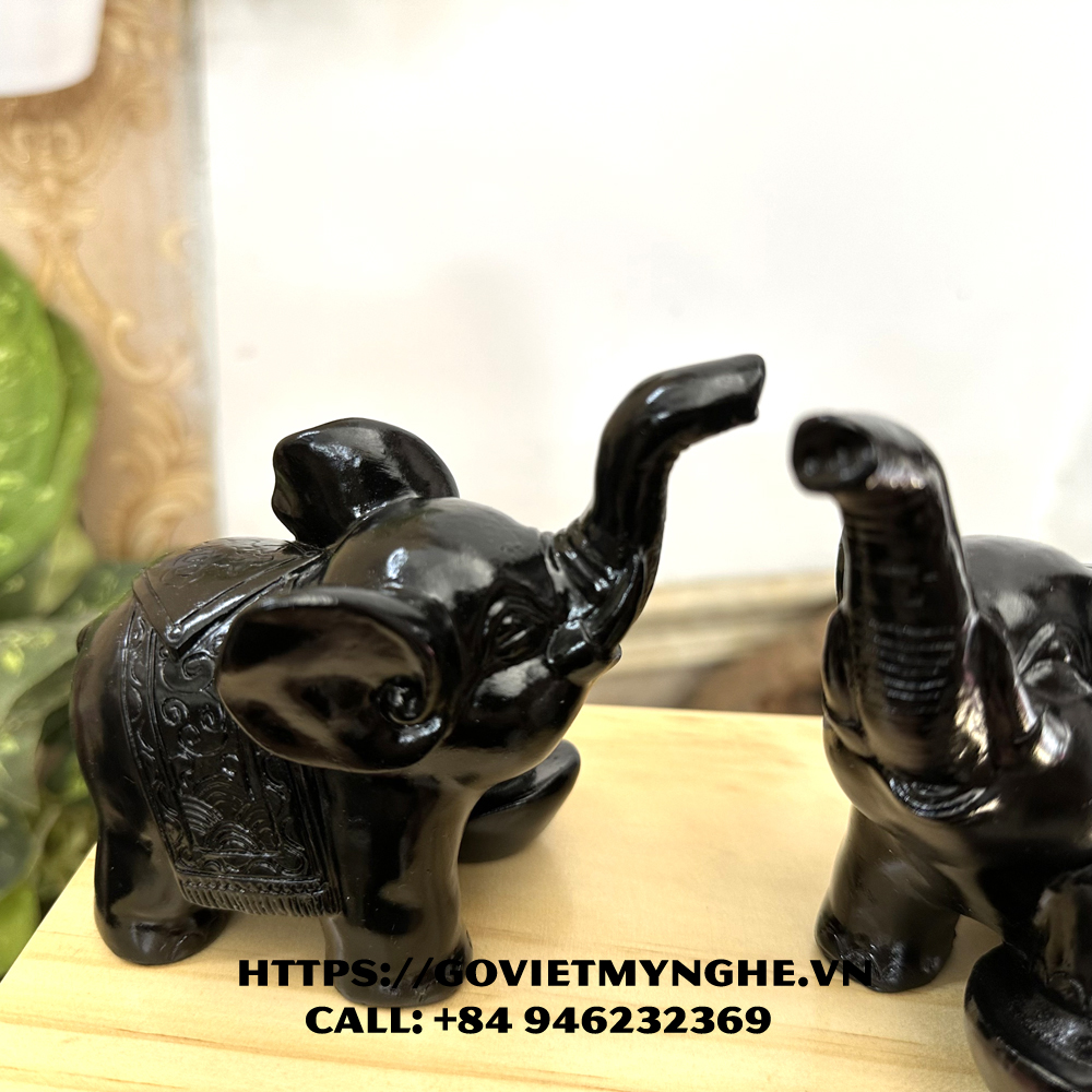 Combo 2 Tượng con voi đá trang trí phong thủy bàn làm việc - Màu đen tuyền - Chiều cao 11cm
