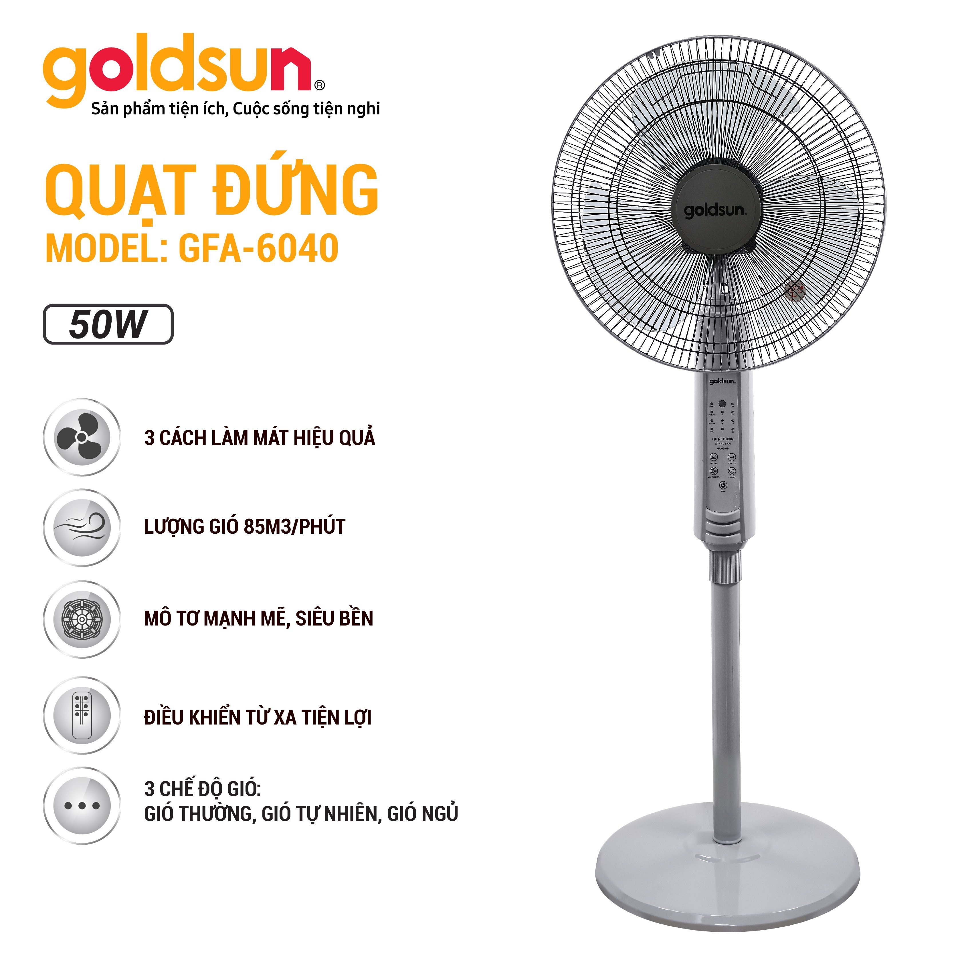 Quạt điện đứng Goldsun GFA6040/6030/6020 nhiều lựa chọn, quạt êm, điều khiển từ xa tiện lợi - Hàng chính hãng