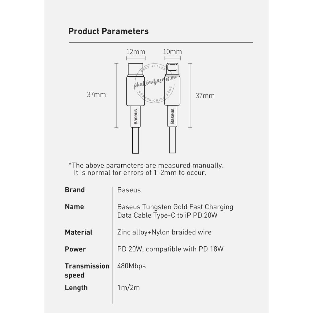 Cáp sạc nhanh C to Light- ning 20W Baseus Tungsten Gold Fast Charging Data Cable Type-C to iP PD 20W- Hàng chính hãng.