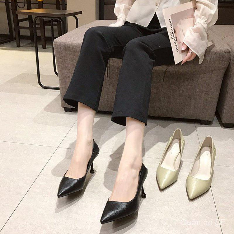 New Black Leather Shoes Pointed Toe Low-Cut Shoes Women's Professional Work Stiletto Heels for Work