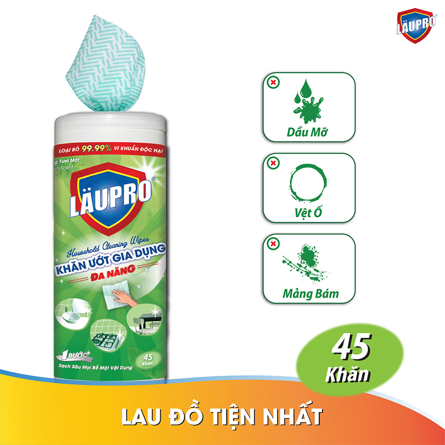 Khăn ướt Kháng Khuẩn CHỨA CỒN - Gia dụng Läupro – Lau Đa Năng - Hộp 45 Khăn (Laupro) - Được kiểm nghiệm & chứng nhận!