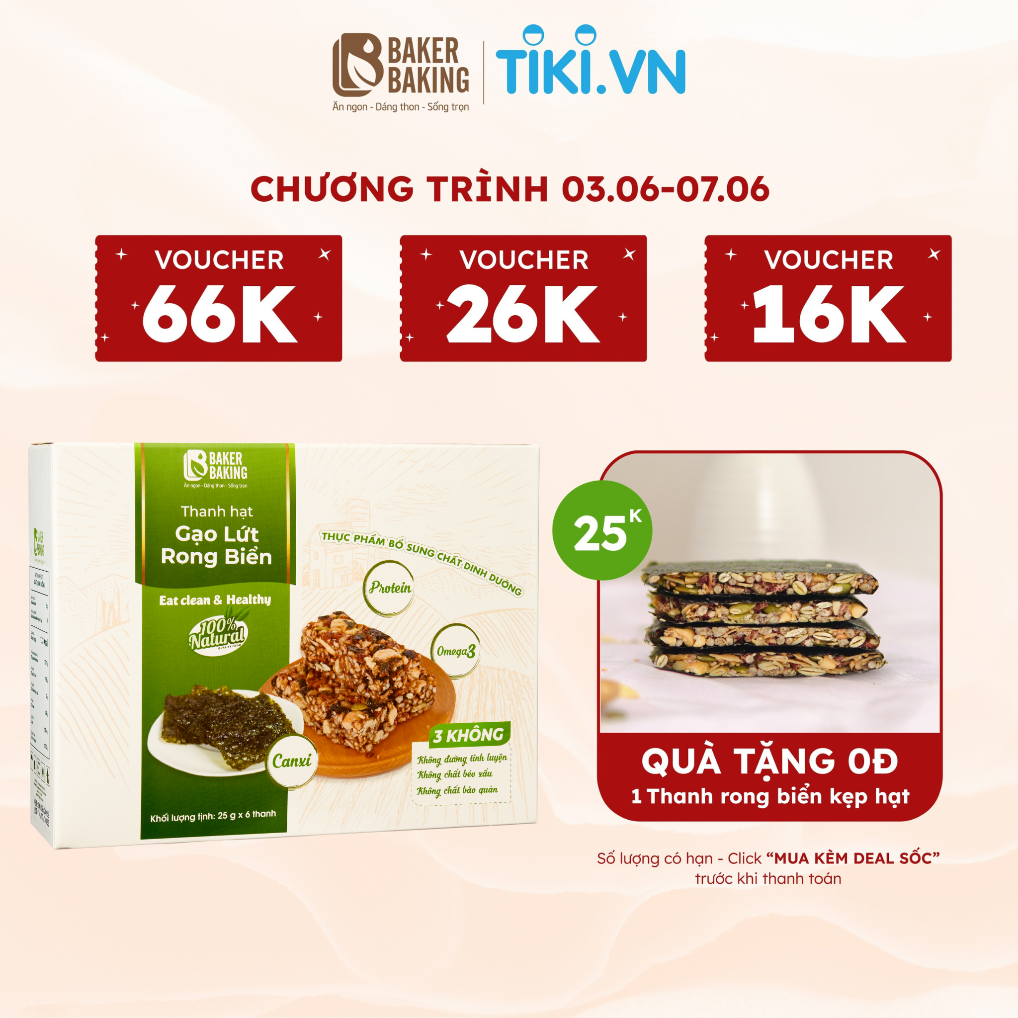 Thanh hạt gạo lứt rong biển Baker Baking không đường, thanh bar energy tiện lợi cho người eatclean, tập gym, tăng cơ 25g