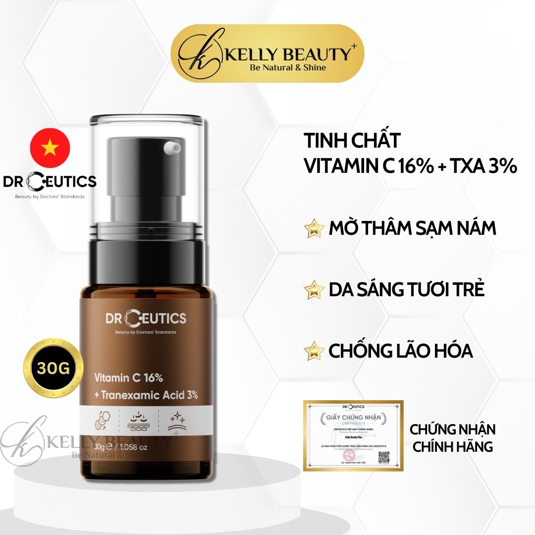 DrCeutics Vitamin C 16% + Tranexamic 3% - Tinh Chất Chống Lão Hóa, Sáng Da, Mờ Thâm Nám | Kelly Beauty