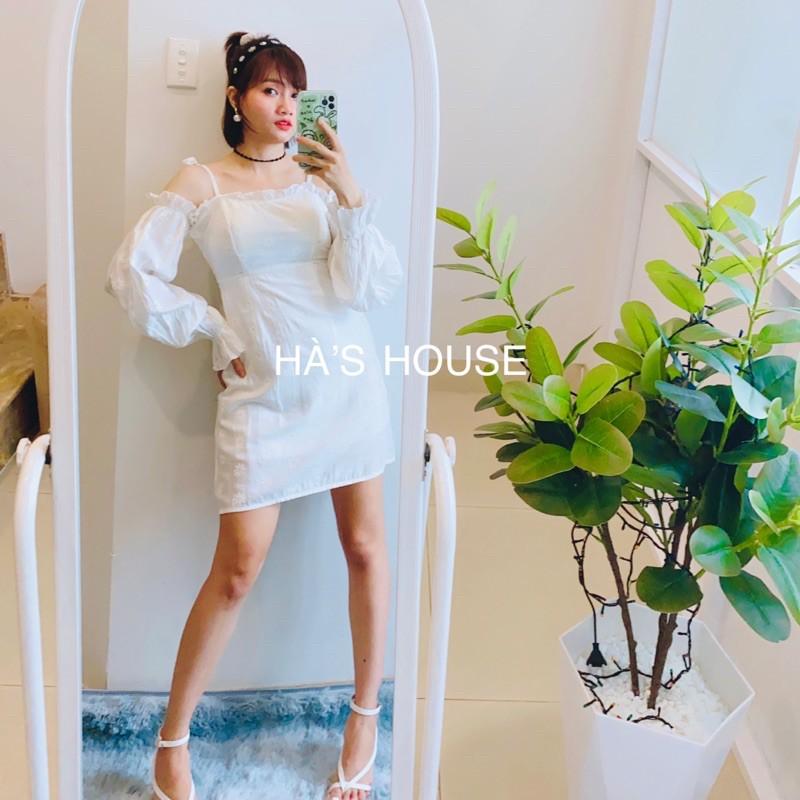 Đầm hai dây trễ vai màu trắng siêu cưng