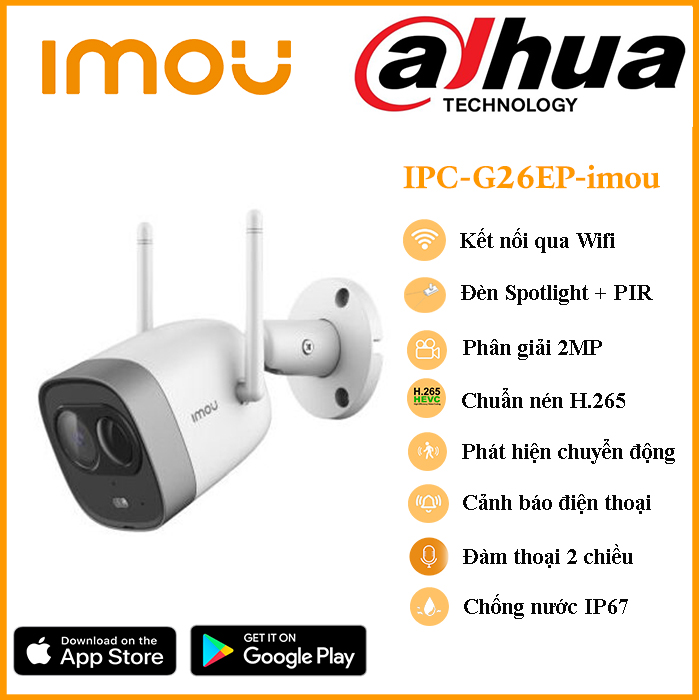 Camera imou Bullet IPC-G26EP 2.0 Megapixel, hỗ trợ hồng ngoại thông minh báo động, đàm thoại - Hàng chính hãng