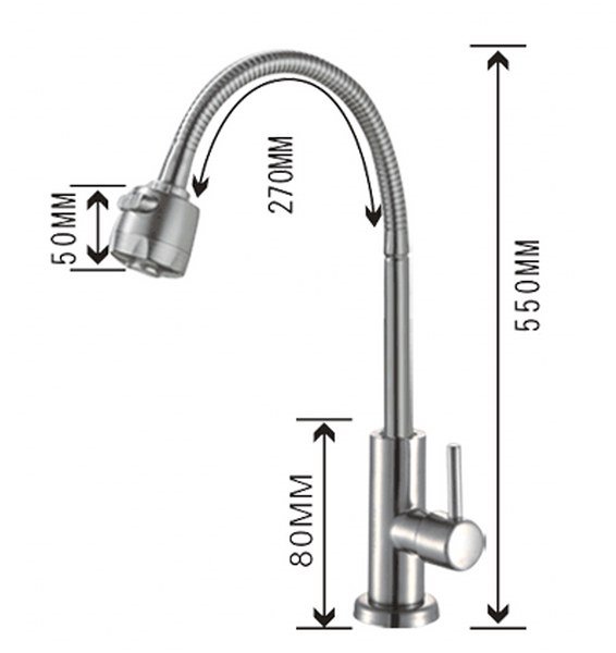 Vòi bếp chỉ lạnh cổ mềm SUS304 + dây cấp