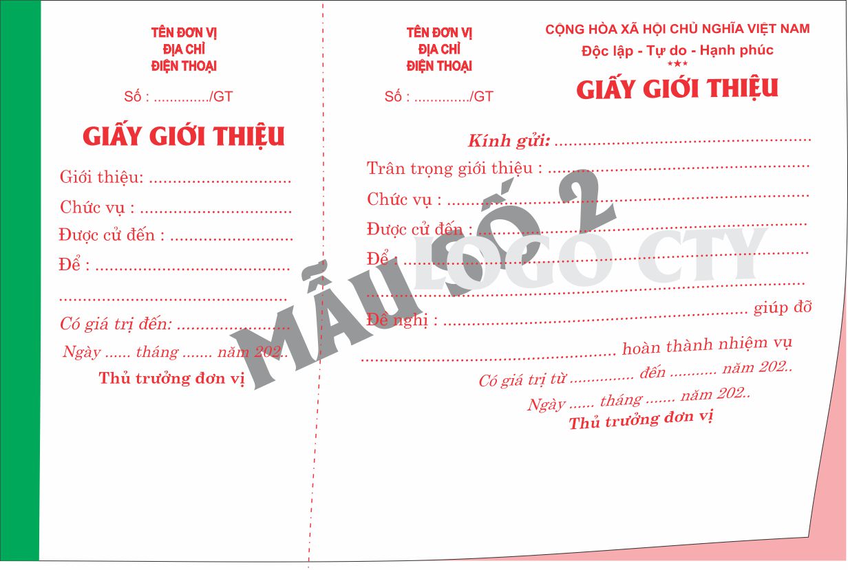 Giấy giới thiệu 2 liên-block 10-chọn mẫu in tên