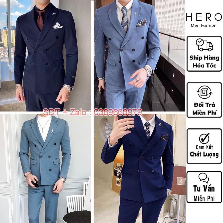 Bộ Vest Nam Hàn Quốc 6 Cúc Màu Xanh, Chất vải sịn, Fom Dáng Đẹp, Bộ Suit Nam 6 Cúc