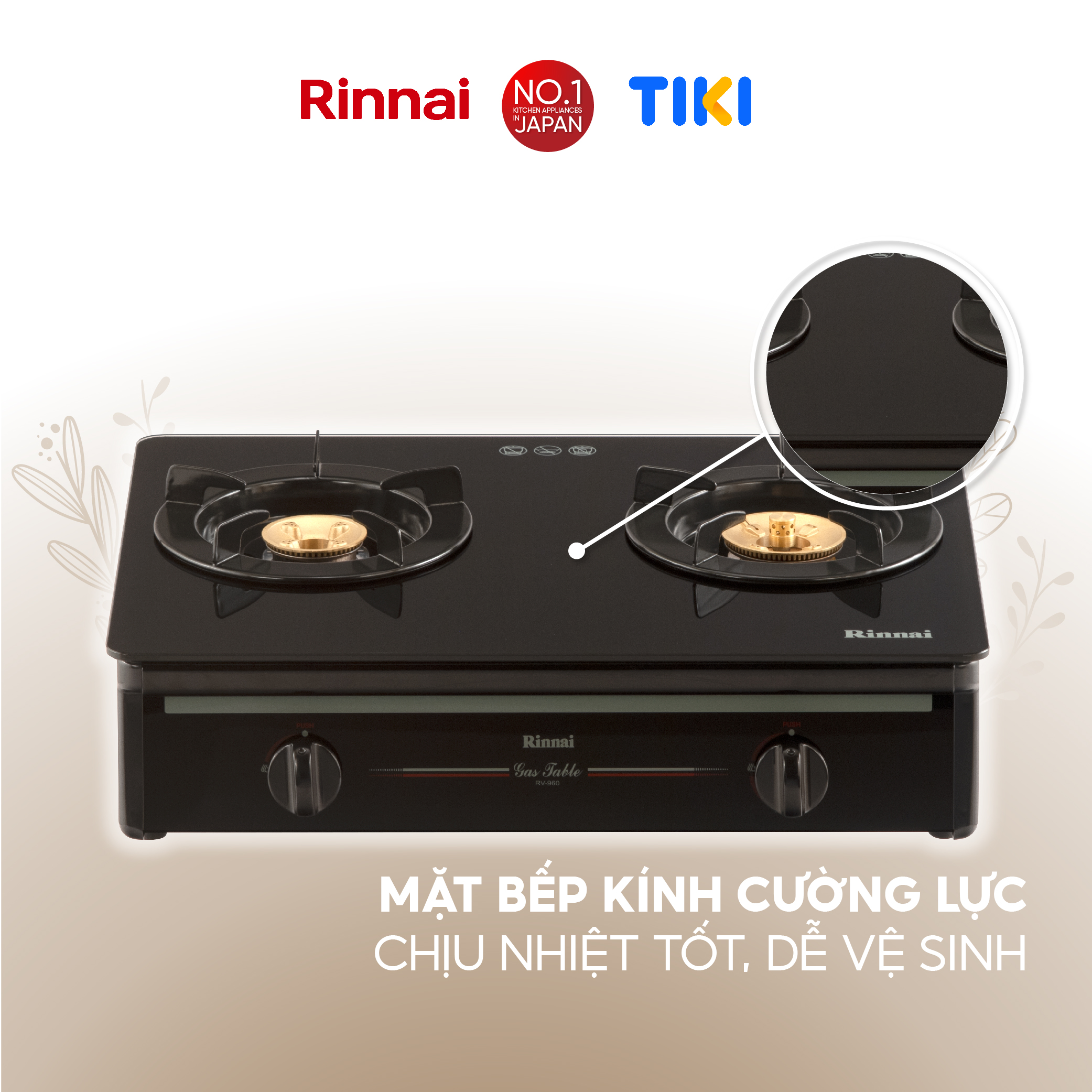 Bếp gas dương Rinnai RV-970(GL) mặt bếp kính và kiềng bếp men - Hàng chính hãng