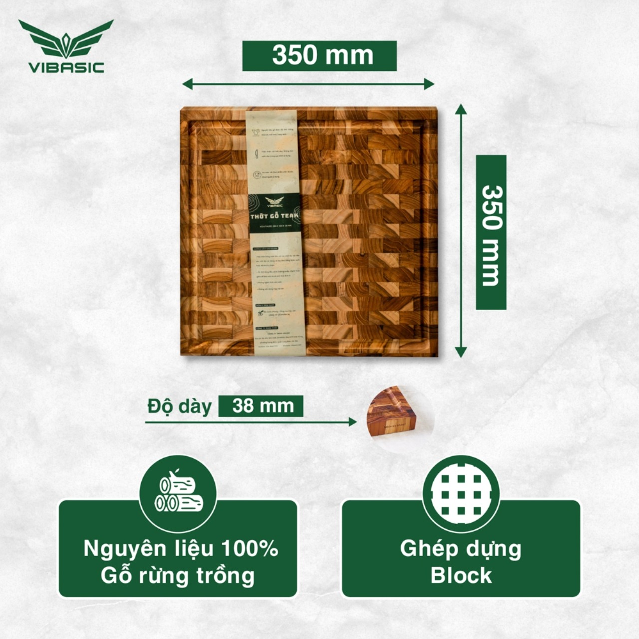 Thớt Chặt Gỗ Teak Vibasic ghép dựng block, kích thước thước 350x350x38mm - Hàng chính hãng Bộ Quốc Phòng