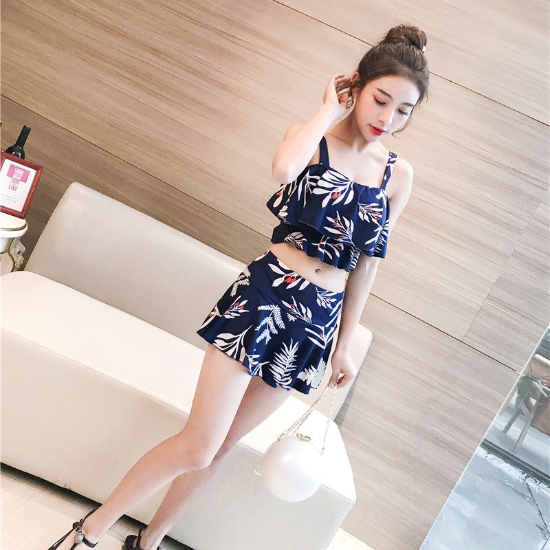Bikini 2 mảnh kín đáo có độn ngực, quần váy cạp cao che khuyết điểm, chất liệu mềm mại co giãn, đủ size từ 40-60kg