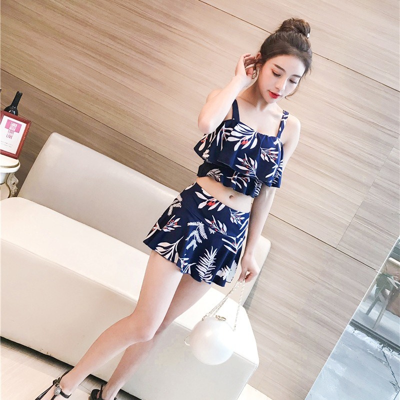 Bikini 2 mảnh kín đáo có độn ngực, quần váy cạp cao che khuyết điểm, chất liệu mềm mai co giãn, đủ size từ 40-60kg