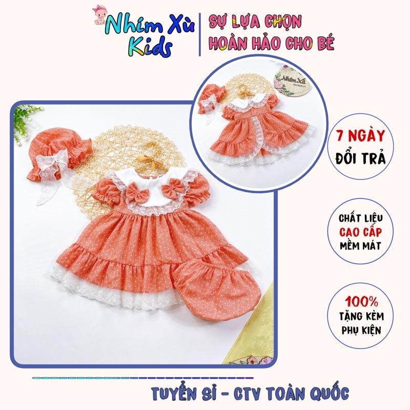 Váy Lolita Chấm Bi Cam Bé Gái Sơ Sinh Đến 12kg, Đầm Bé Gái Chất Đũi Thông Hơi Mềm Mát [V031