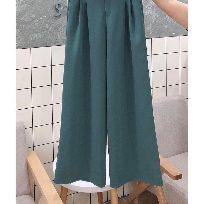 Quần Ống Rộng Màu Xanh siêu độc lạ xếp ly eo dấu cúc from dài 100cm cho nữ