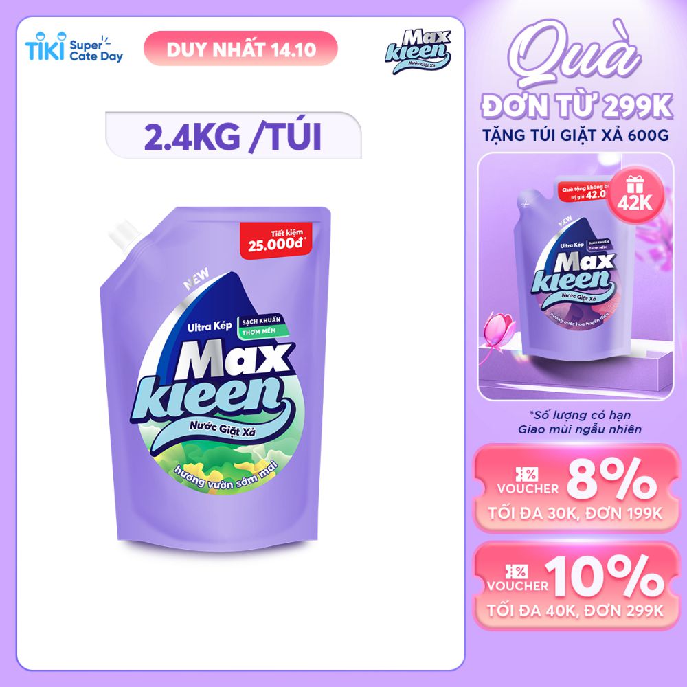 Túi Nước Giặt Xả MaxKleen Hương Vườn Sớm Mai Sạch Khuẩn Thơm Mềm Tiện Lợi &amp; Tiết Kiệm 2.4KG