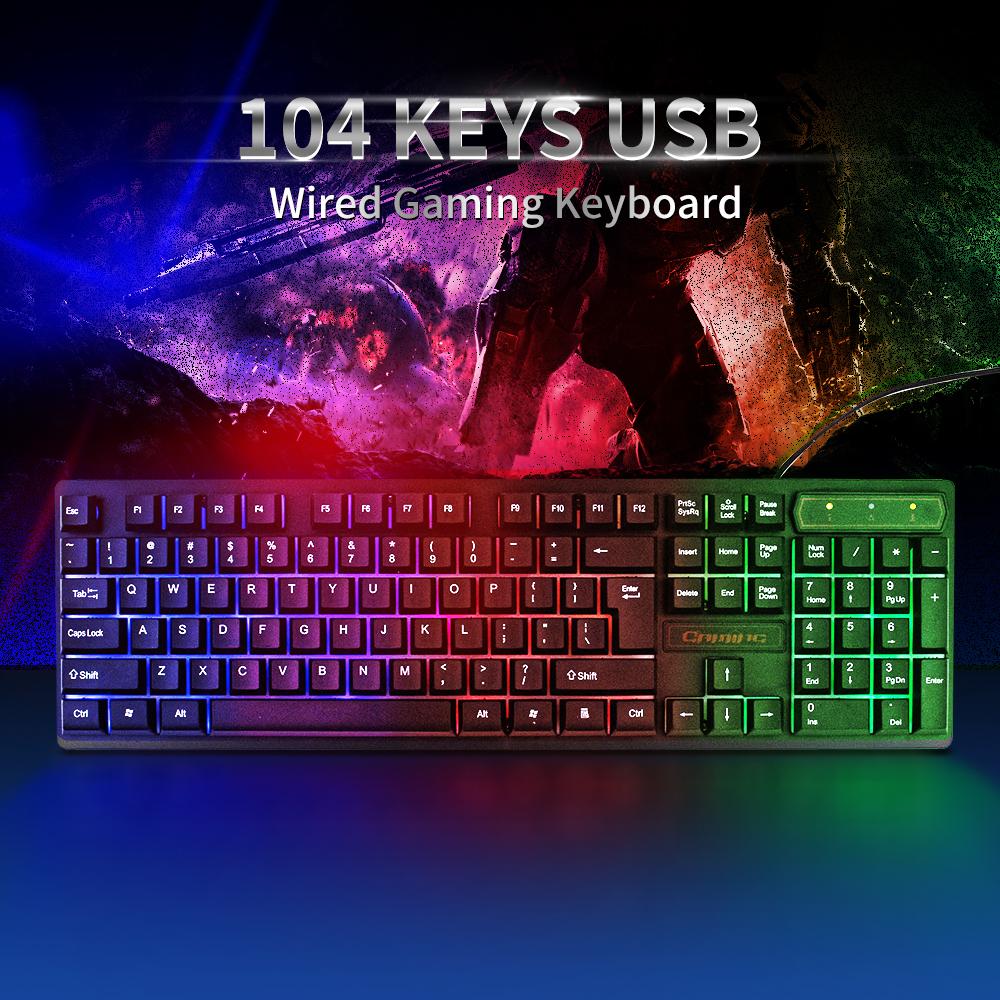 KR-6300 USB Wired Keyboard Gaming Keyboard 104 Keys Three-color Backlight Keyboard Ergonomic Gaming Keyboard Black