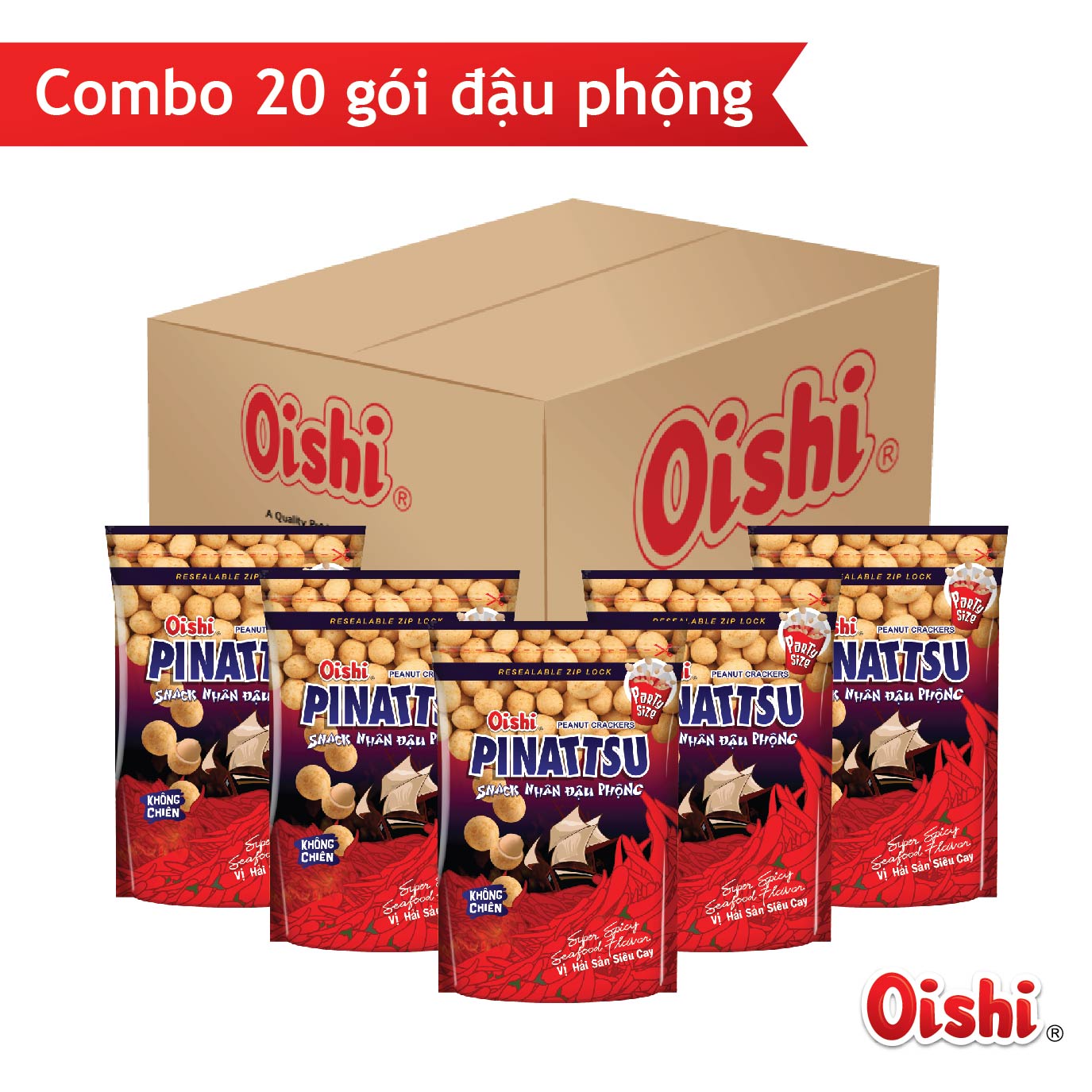 Combo 20 gói Oishi Snack Nhân Đậu Phộng Vị Hải Sản Siêu Cay Pinattsu (95g/gói)