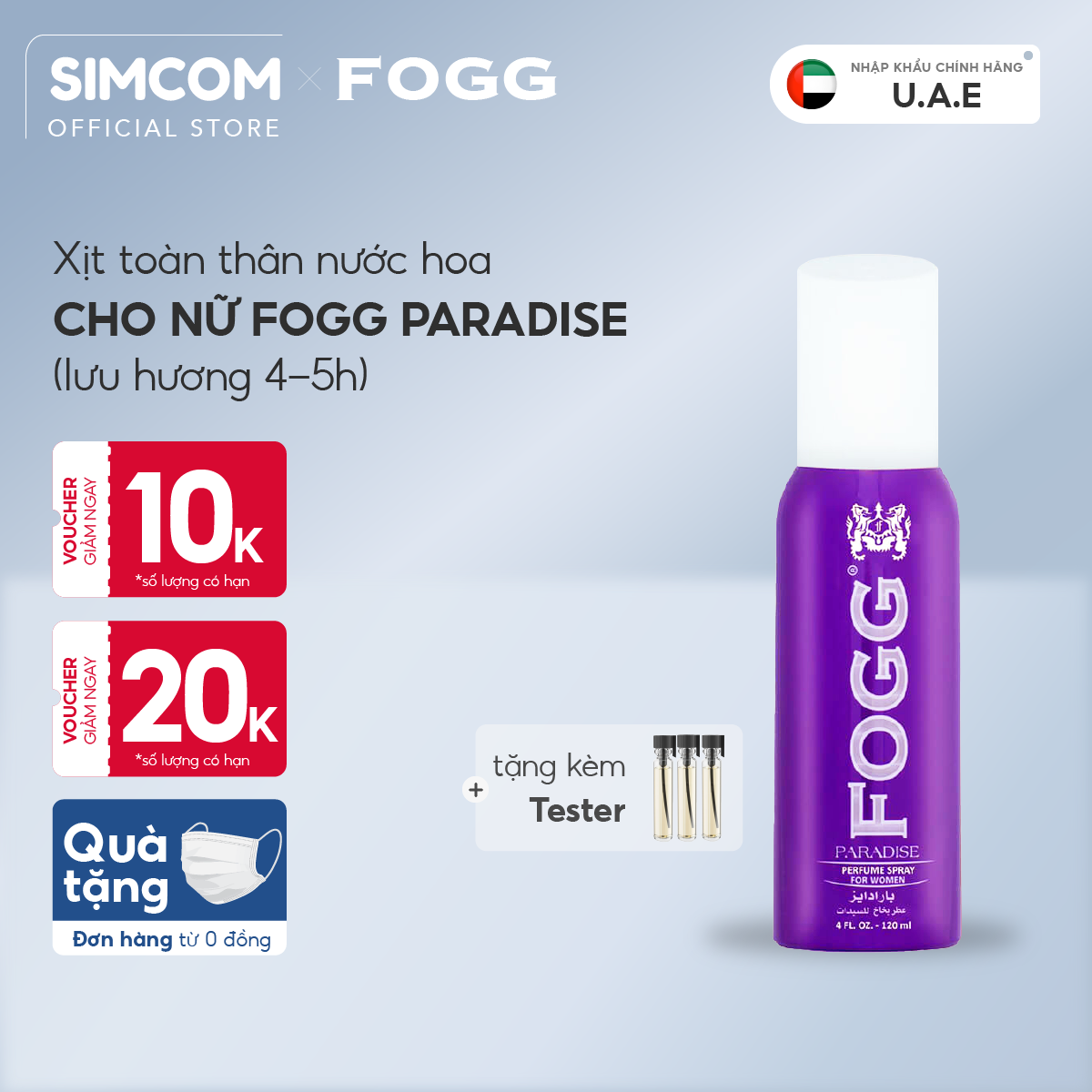 Xịt toàn thân hương nước hoa FOGG Paradised 120ml chính hãng dubai, xịt thơm body mist dành cho cả nam và nữ, unisex không gas lưu hương lâu 4-5 tiếng mùi hương ngọt ngào, Simcom