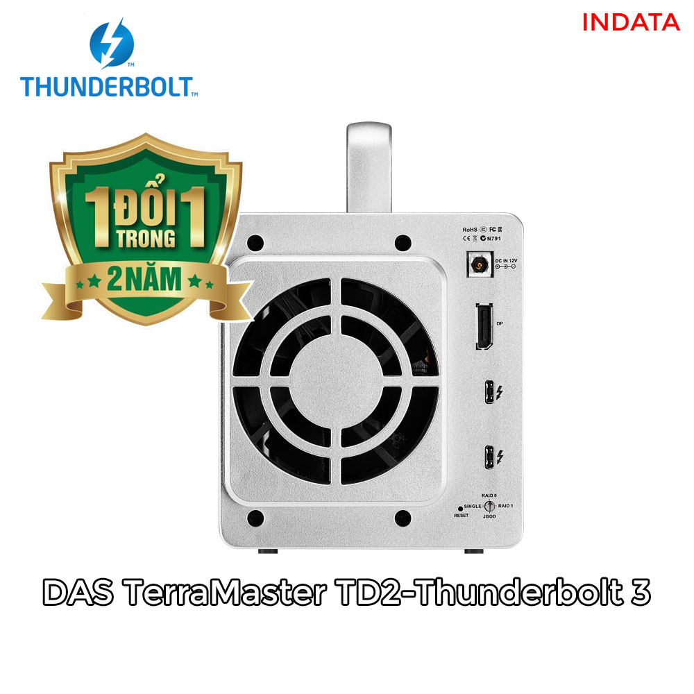 Bộ lưu trữ dữ liệu DAS TerraMaster TD2-Thunderbolt 3 chuyên cho xử lý video và xử lý ảnh, 40Gbps, 8K video, 800MB/s, 2 khay ổ cứng RAID 0,1,JBOD,Single - Hàng chính hãng