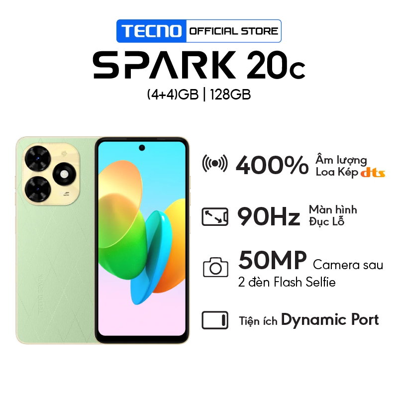 Điện thoại Tecno SPARK 20c (8+8)GB/128GB - MTK G36 | 5000 mAh | Sạc nhanh 18W | Hàng Chính Hãng