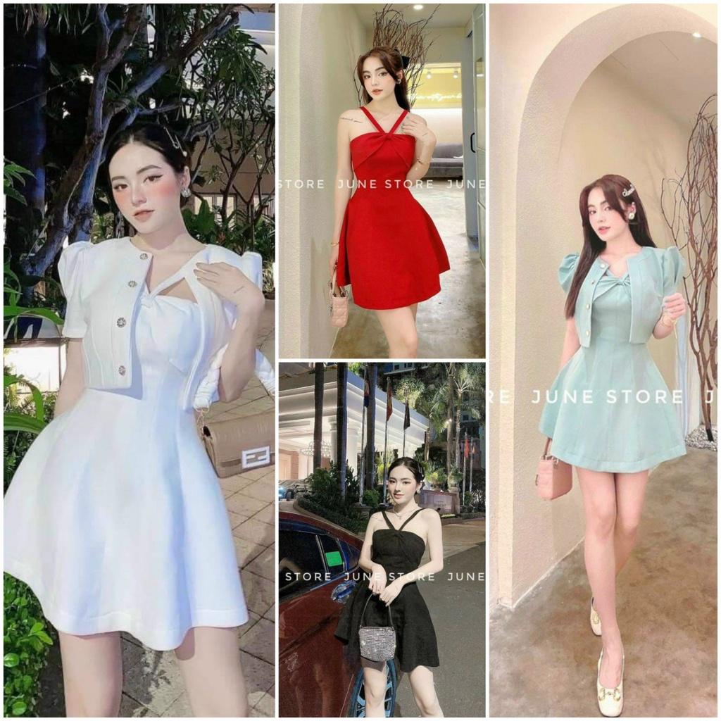 Đầm xoè cổ chéo  kèm áo khoác xịn xò
