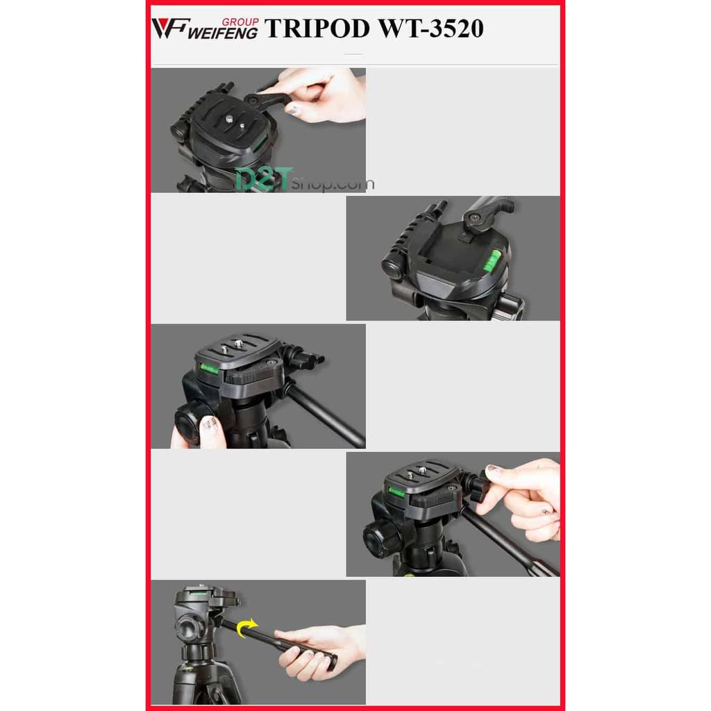 Tripod máy ảnh, điện thoại Weifeng WT-3520, khung nhôm cao cấp tải trọng 3kg, có túi đeo, tặng kèm kẹp điện thoại