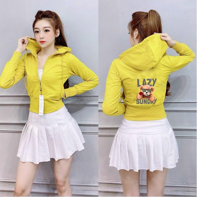 Áo khoác nữ croptop dáng lửng hình in freesize 54kg tay dài có nón