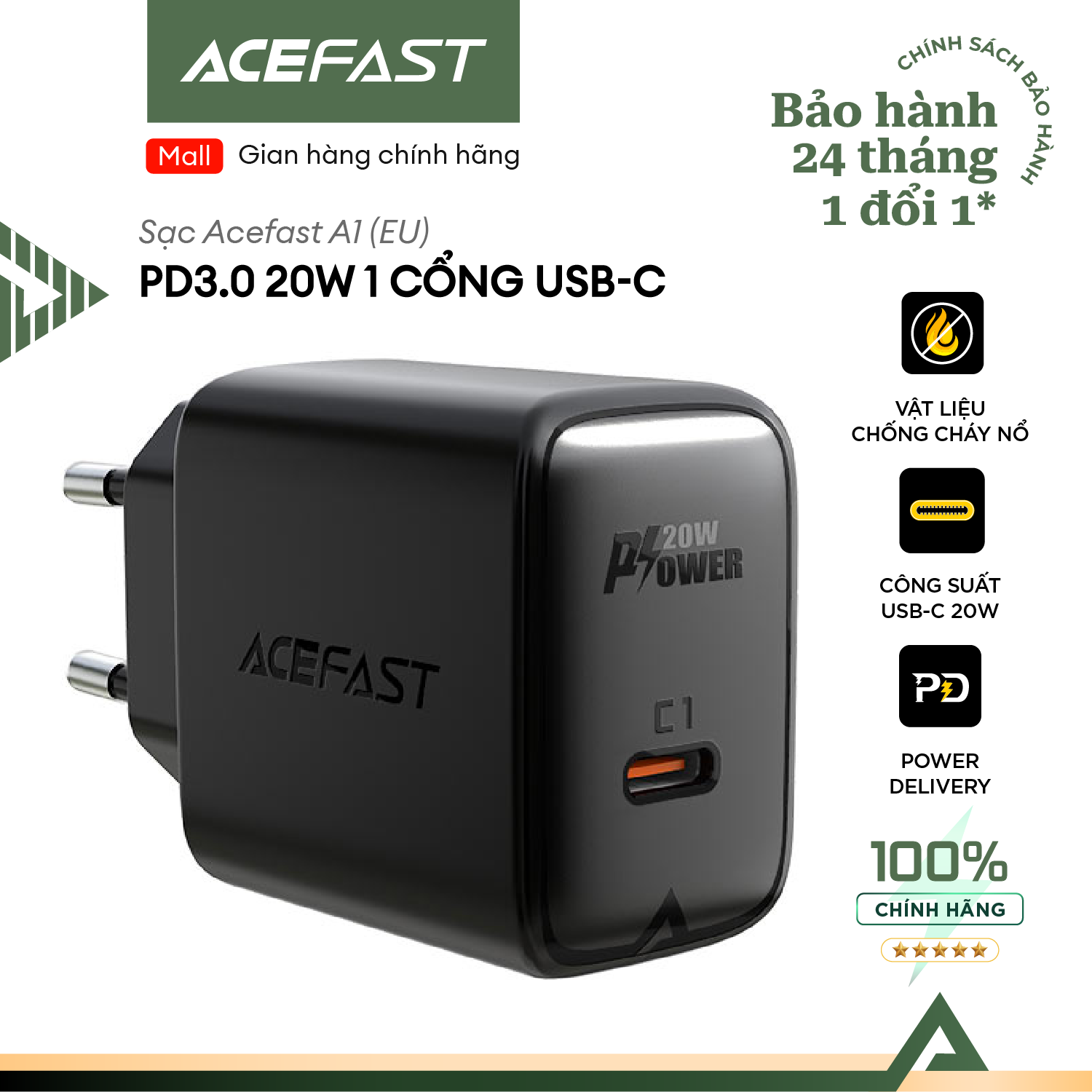 Hình ảnh Sạc Acefast PD3.0 20W 1 cổng USB-C (EU) - A1 Hàng chính hãng Acefast