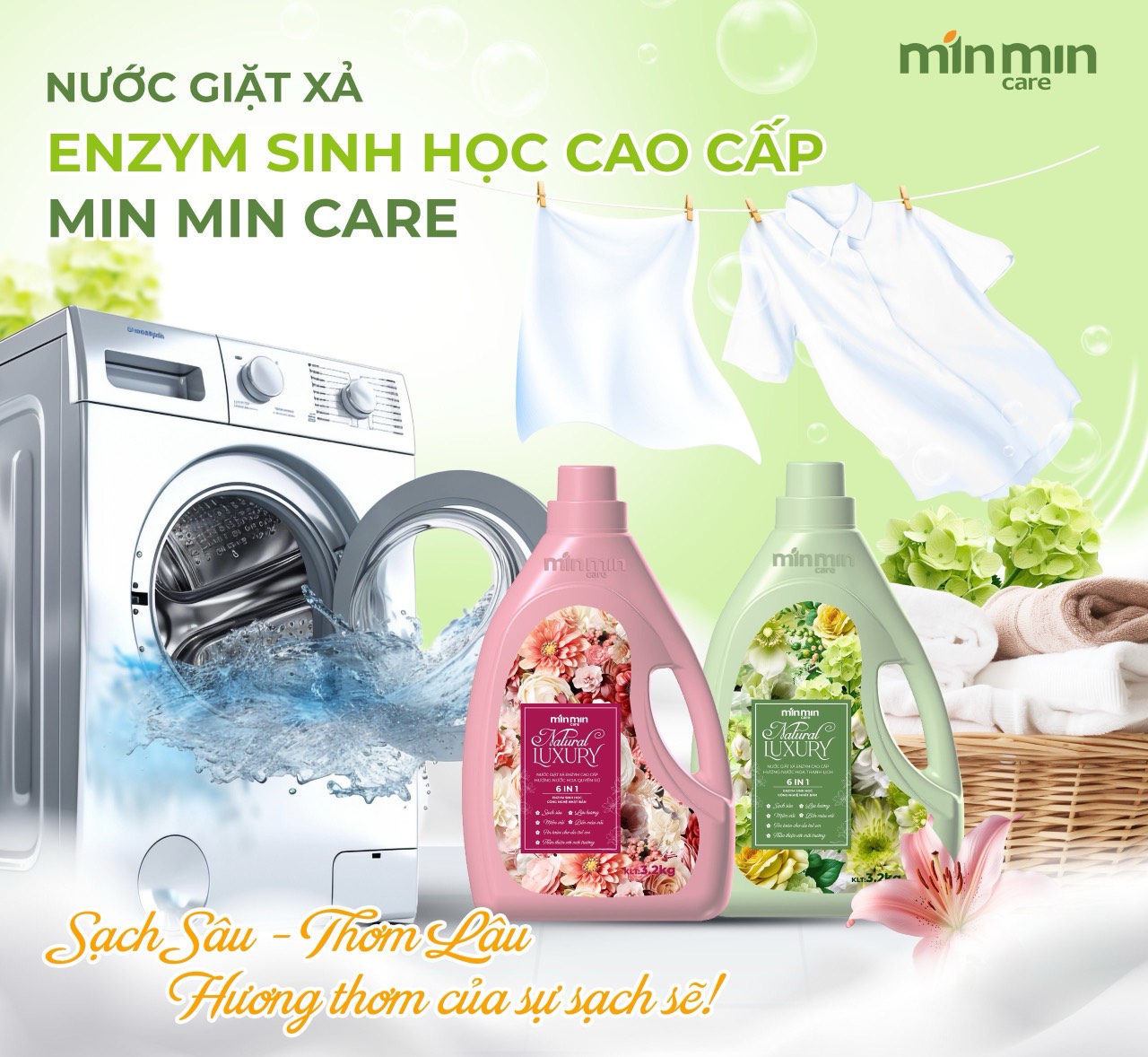 1 Can 3,2kg Nước Giặt Xả Luxury Min Min Care Hương Nước Hoa Quyến Rũ Màu Hồng