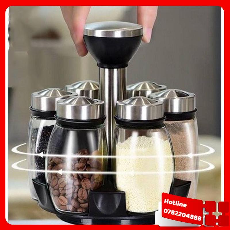Bộ 6 Lọ Đựng Gia Vị Thủy Tinh Kèm Giá Để Xoay 360 Độ - Loại Tốt