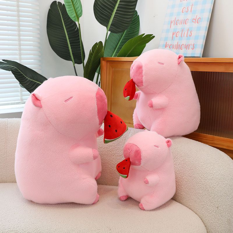 Thú nhồi bông capybara hồng dưa hấu đáng yêu - Size từ 30cm đến 50cm - Gấu bông chuột lang ăn dưa hấu có thể kéo được - Móc khoá gấu bông Capybara