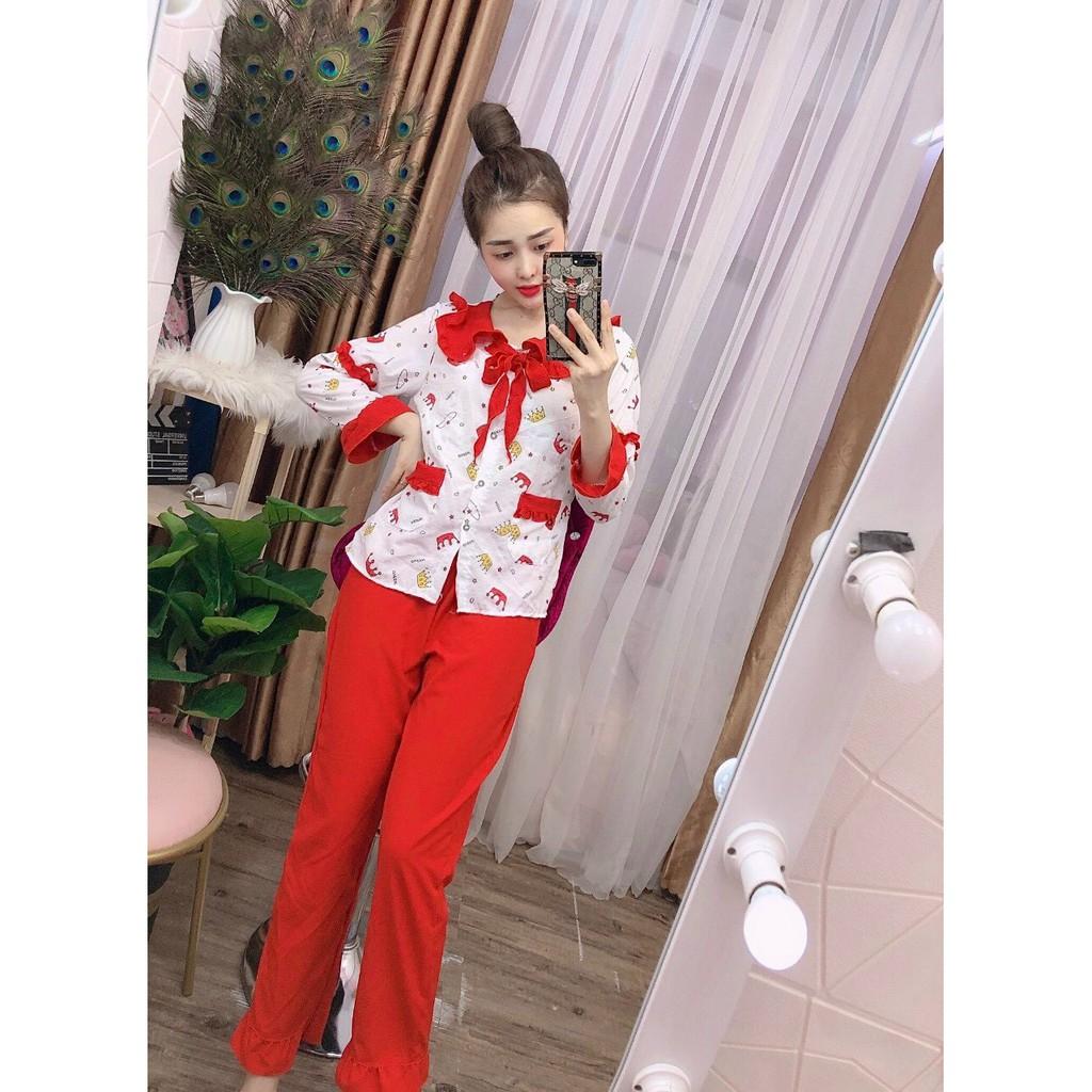 Bộ pijama đũi xốp tiểu thư cổ bèo, quần dài tay dài, 40 đến 59kg