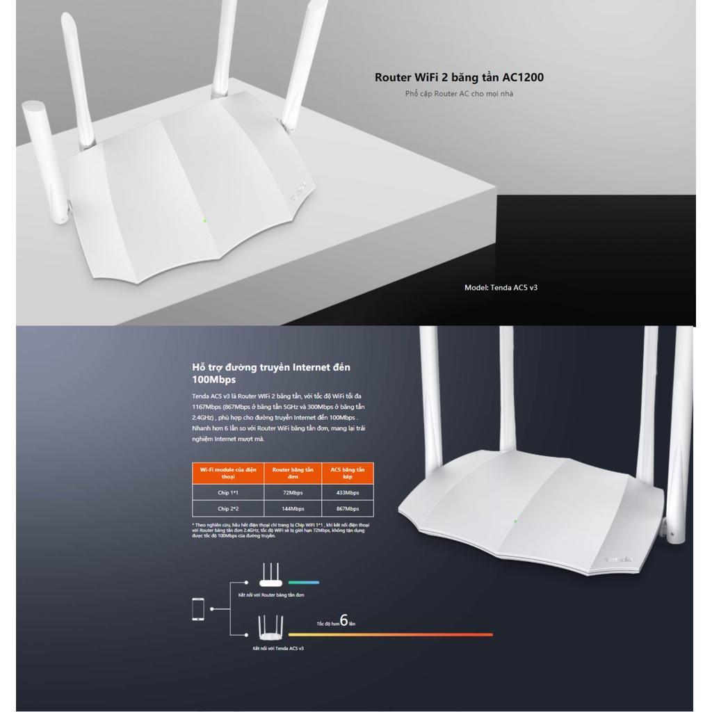 Router Wifi Chuẩn AC1200 Tenda AC5 V3 Trắng - HÀNG CHÍNH HÃNG