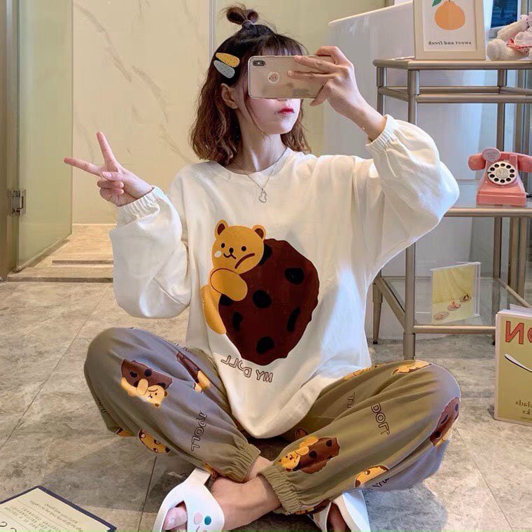 PYJAMA-Đồ ngủ tay dài in hình gấu vàng dễ thương
