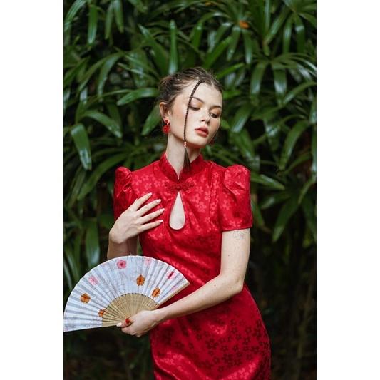 OLALASTUDIO Đầm mini gấm hoa ẩn cổ tàu cách tân