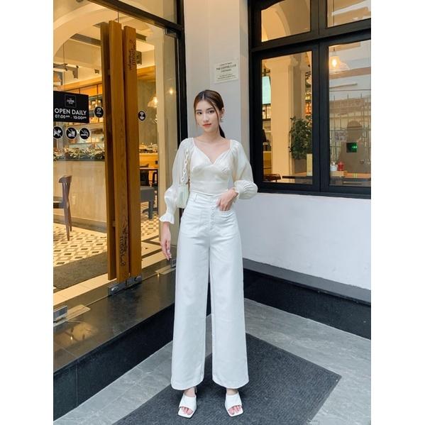 Quần ống rộng kaki trắng lưng cao
